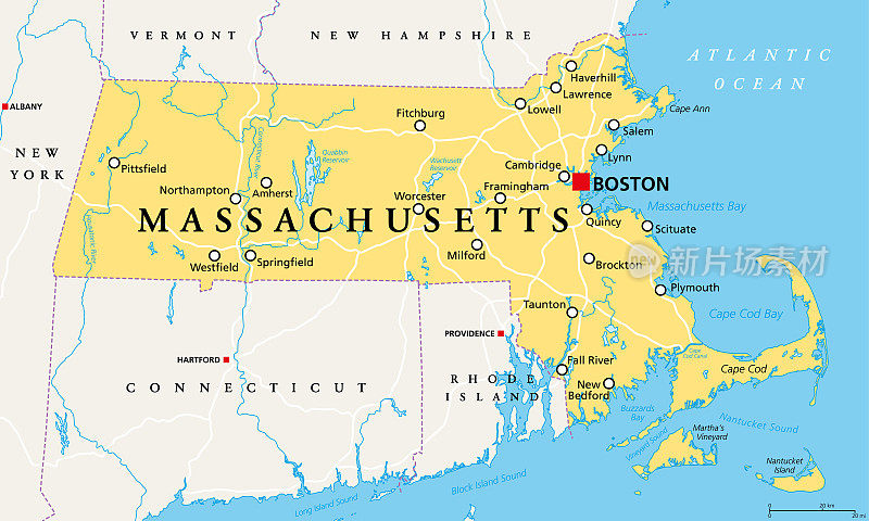 Massachusetts, political map, Commonwealth of Massachusetts, MA